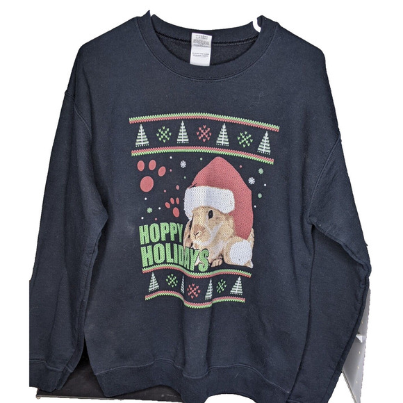 Gildan Christmas Rabbit Bunny Sweatshirt MEDIUM Black HOPPY HOLIDAYS READ - Picture 6 of 6